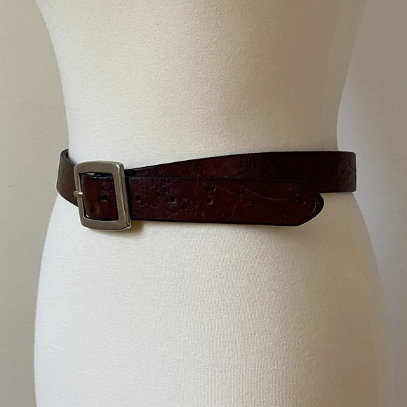 Floral Embossed Leather Belt with Solid Brass Buckle Vintage Brown Leather Belt - Picture 3 of 8